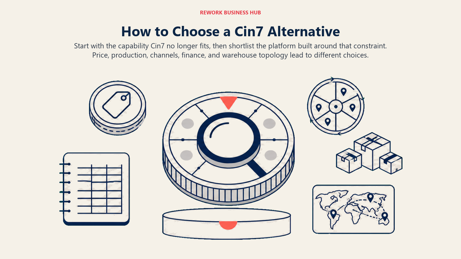 Cin7 alternative rotary selector choosing among cost, production, channels, finance, and warehouse constraints