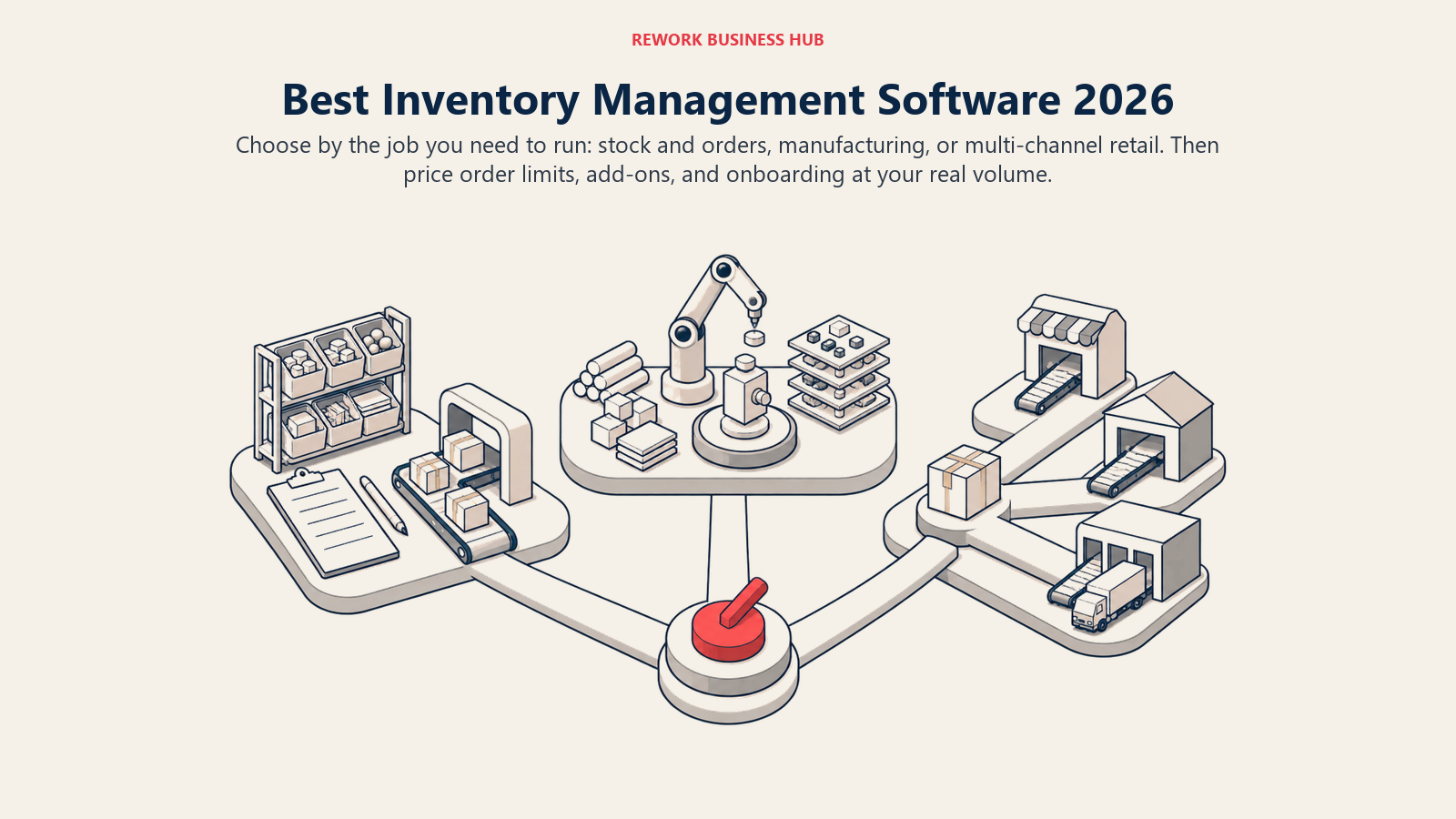 Three-bay selector for choosing inventory management software by stock and orders, manufacturing, or multi-channel retail