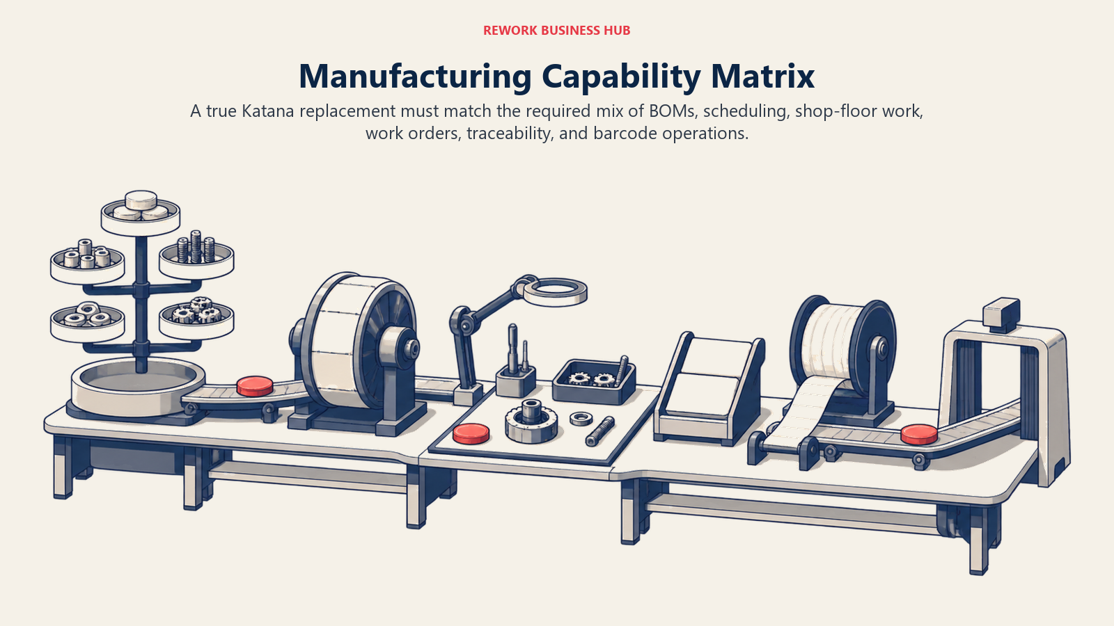Manufacturing capability matrix for BOMs, scheduling, shop floor, work orders, traceability, and barcode operations