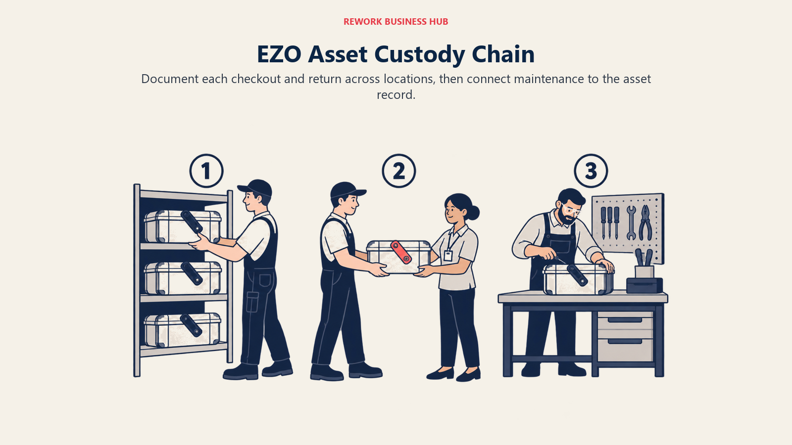 EZO Asset Custody Chain: Document each checkout and return across locations, then connect maintenance to the asset record.