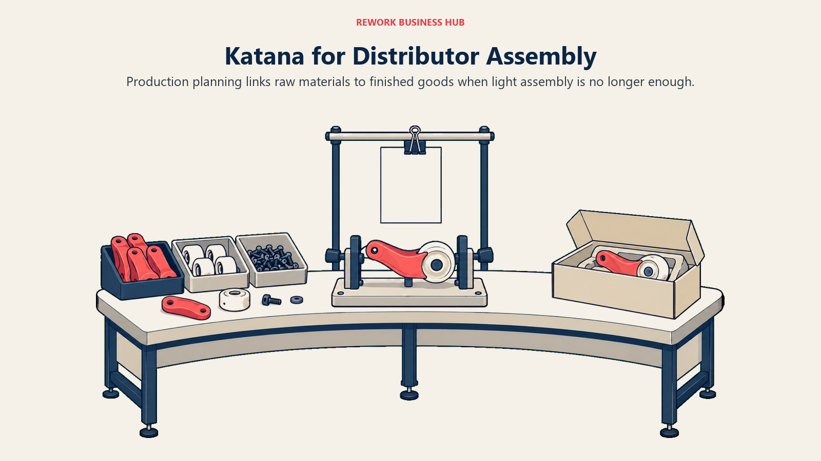 Katana for Distributor Assembly: Production planning links raw materials to finished goods when light assembly is no longer enough.