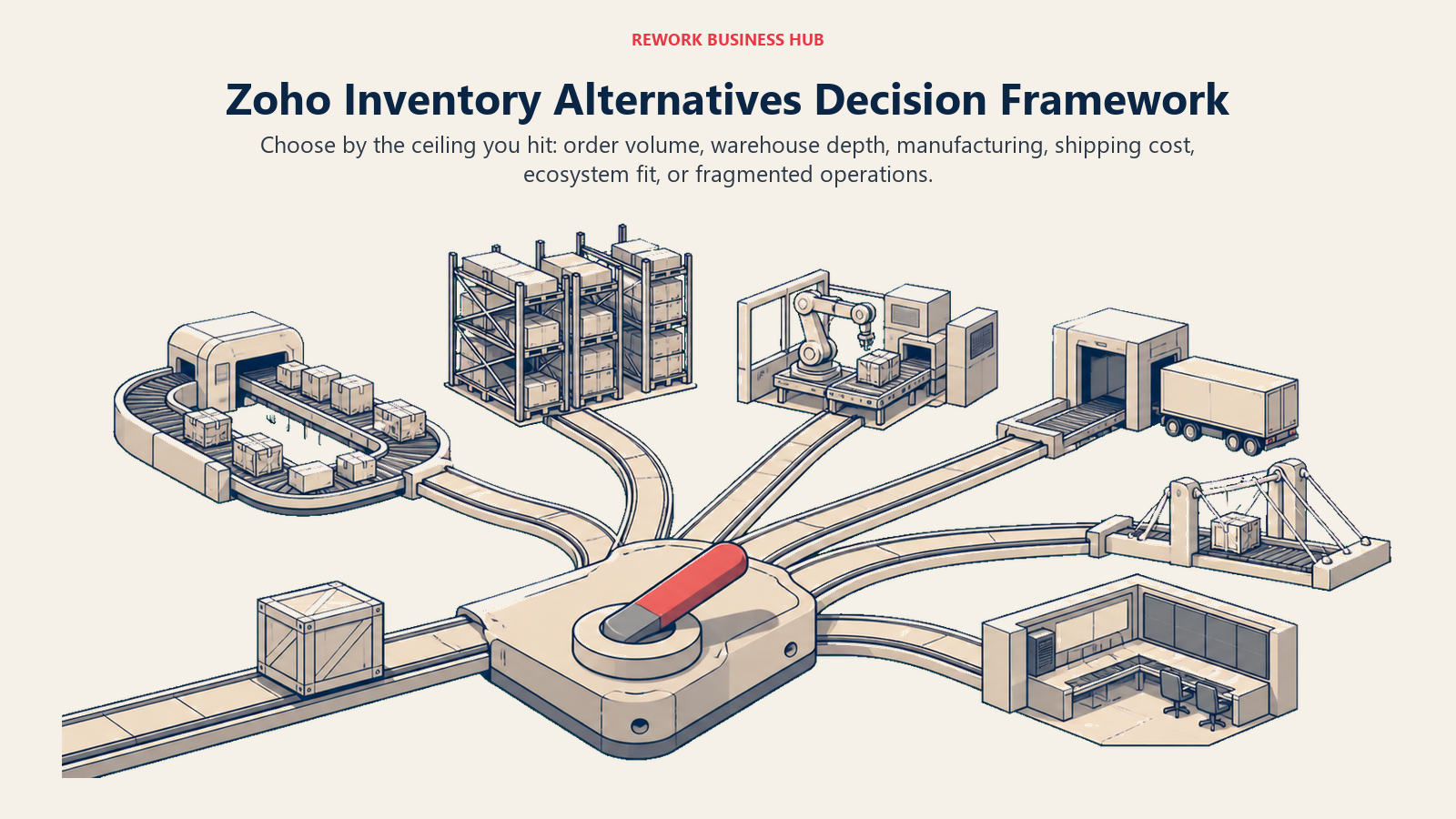 Inventory routing switch directing one stock crate toward scale, shipping, manufacturing, and unified operations bays