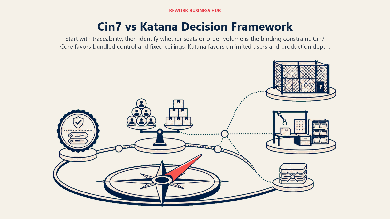 Cin7 versus Katana decision compass testing traceability, user count, order volume, and consolidation needs