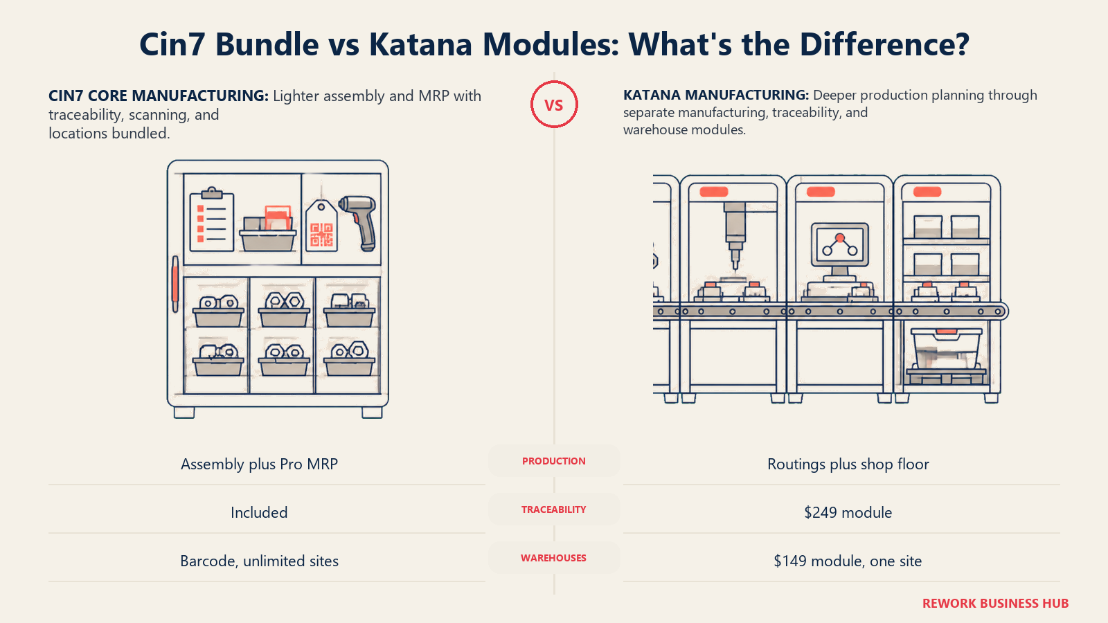 Cin7 integrated manufacturing cabinet compared with Katana modular routed production line