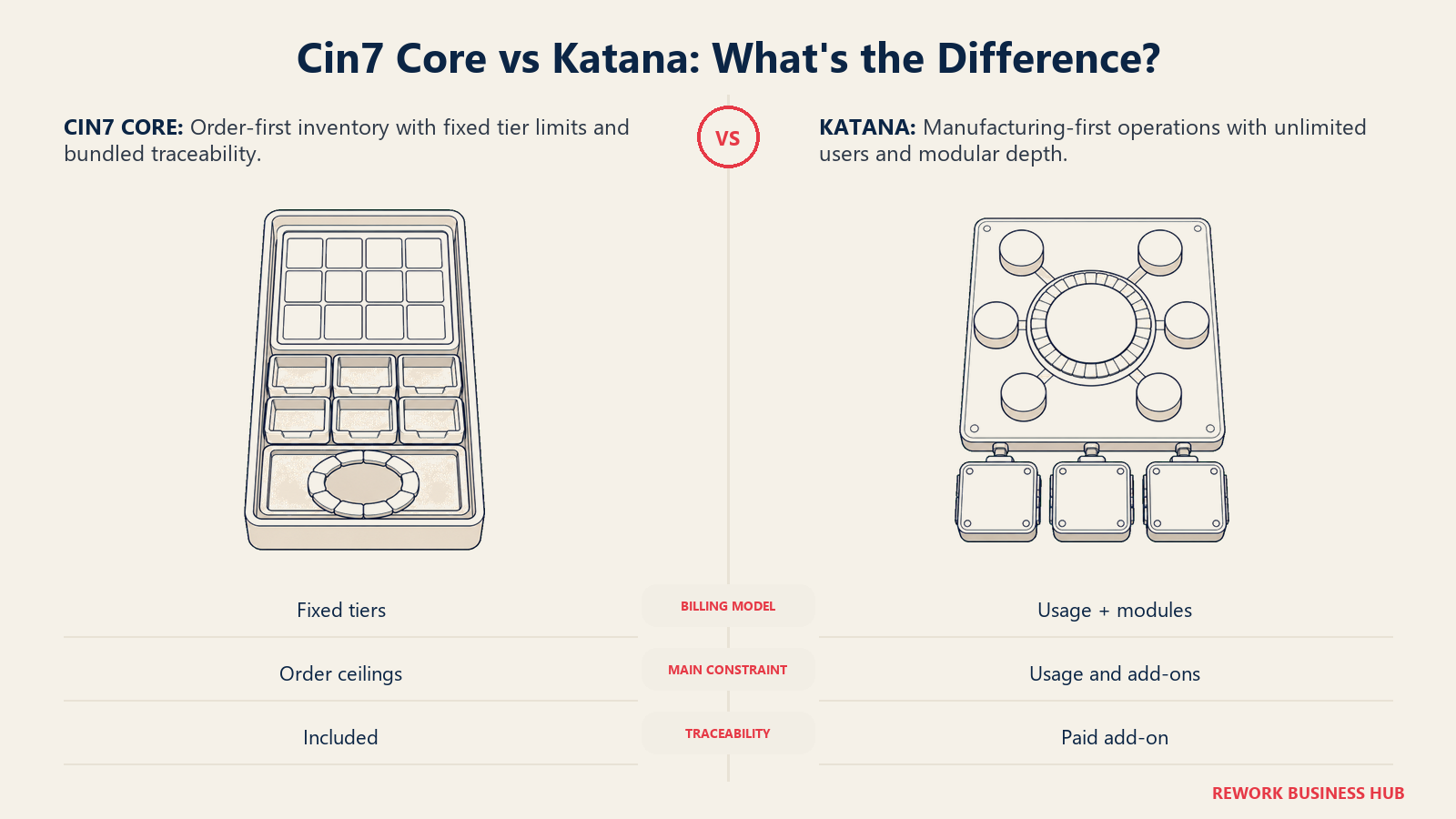 Cin7 Core fixed-tier inventory container compared with Katana's metered modular production platform across billing, capacity, and traceability