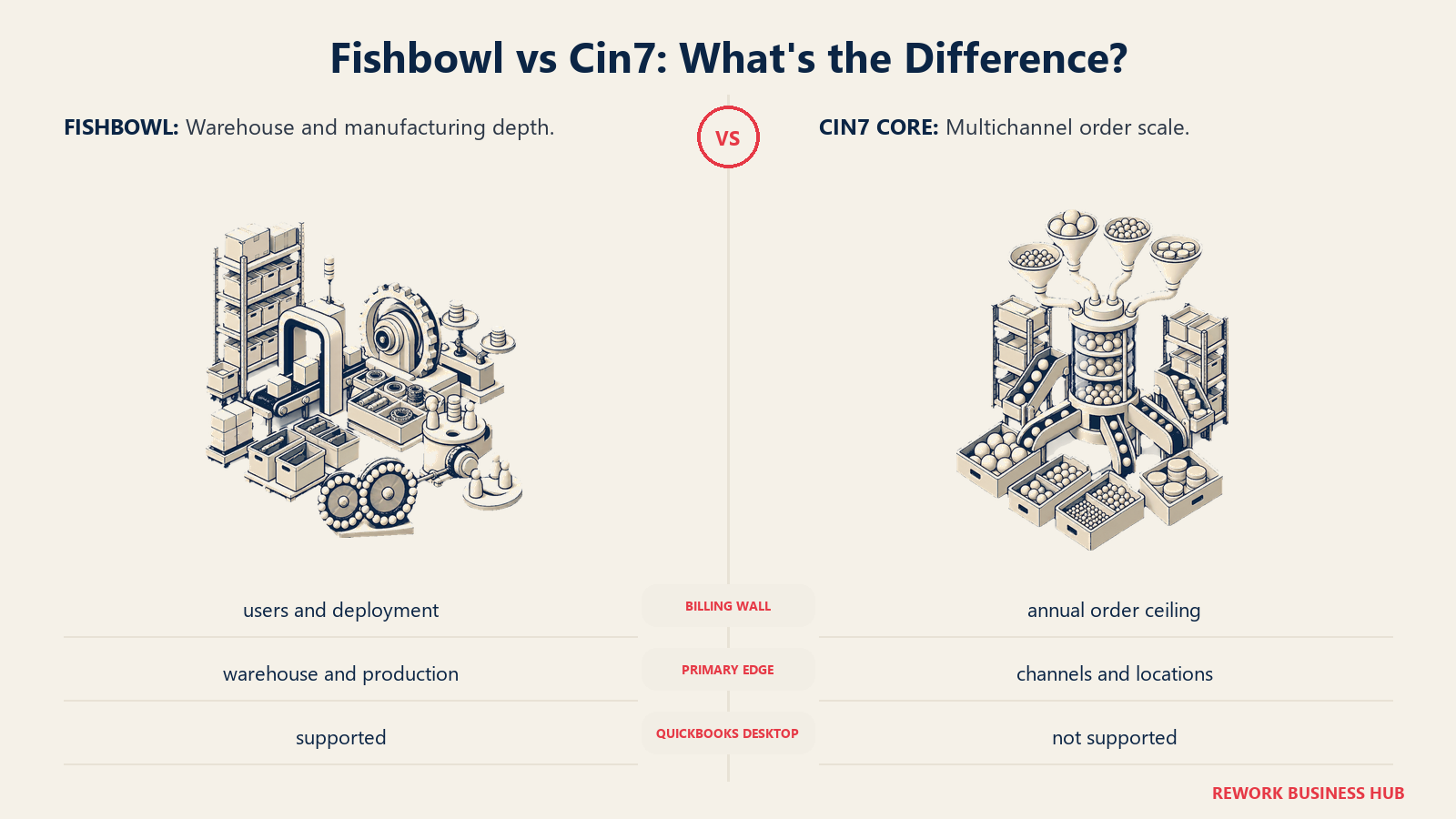 Fishbowl inside-the-building warehouse and manufacturing station compared with Cin7 multichannel order hub
