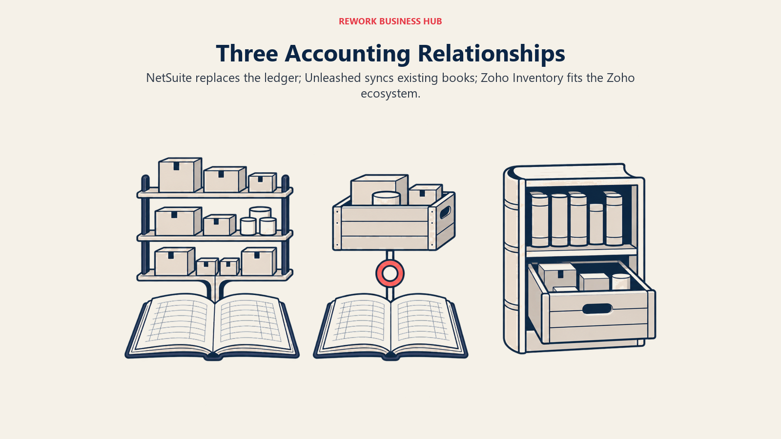 Three Accounting Relationships: NetSuite replaces the ledger; Unleashed syncs existing books; Zoho Inventory fits the Zoho ecosystem.