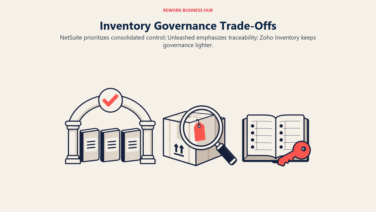 Inventory Governance Trade-Offs: NetSuite prioritizes consolidated control; Unleashed emphasizes traceability; Zoho Inventory keeps governance lighter.