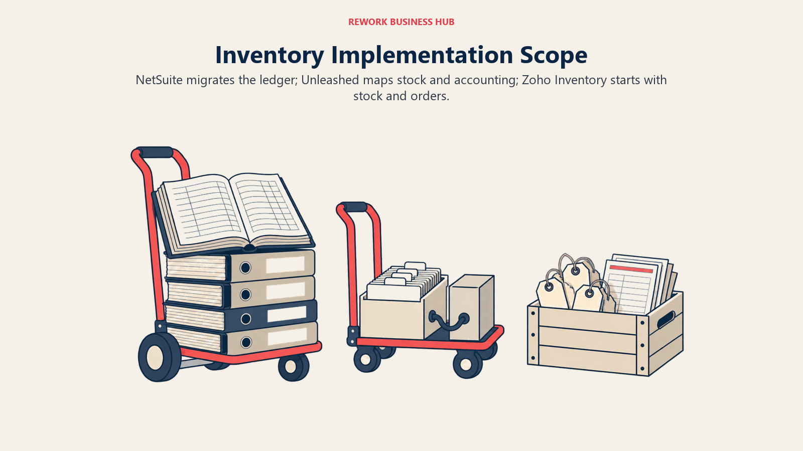 Inventory Implementation Scope: NetSuite migrates the ledger; Unleashed maps stock and accounting; Zoho Inventory starts with stock and orders.