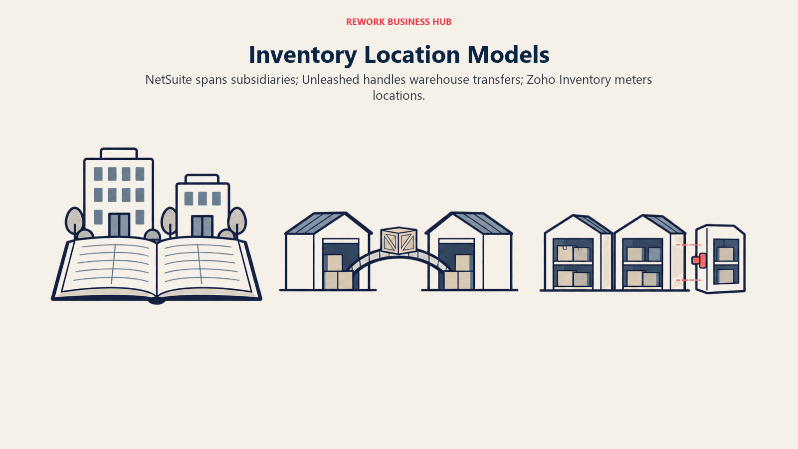 Inventory Location Models: NetSuite spans subsidiaries; Unleashed handles warehouse transfers; Zoho Inventory meters locations.