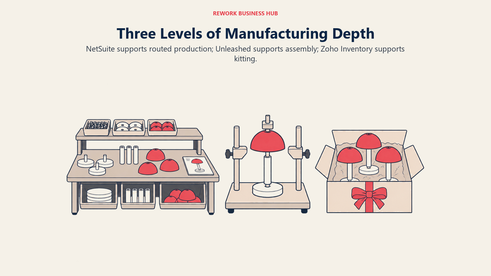 Three Levels of Manufacturing Depth: NetSuite supports routed production; Unleashed supports assembly; Zoho Inventory supports kitting.
