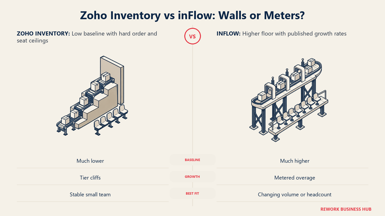 Zoho Inventory's lower-cost tier walls compared with inFlow's higher starting price and predictable overage meter