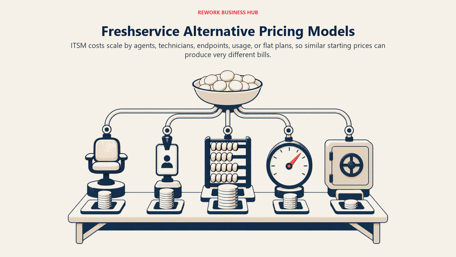 Freshservice alternative pricing models shown as agent, technician, endpoint, usage, and flat-fee meters
