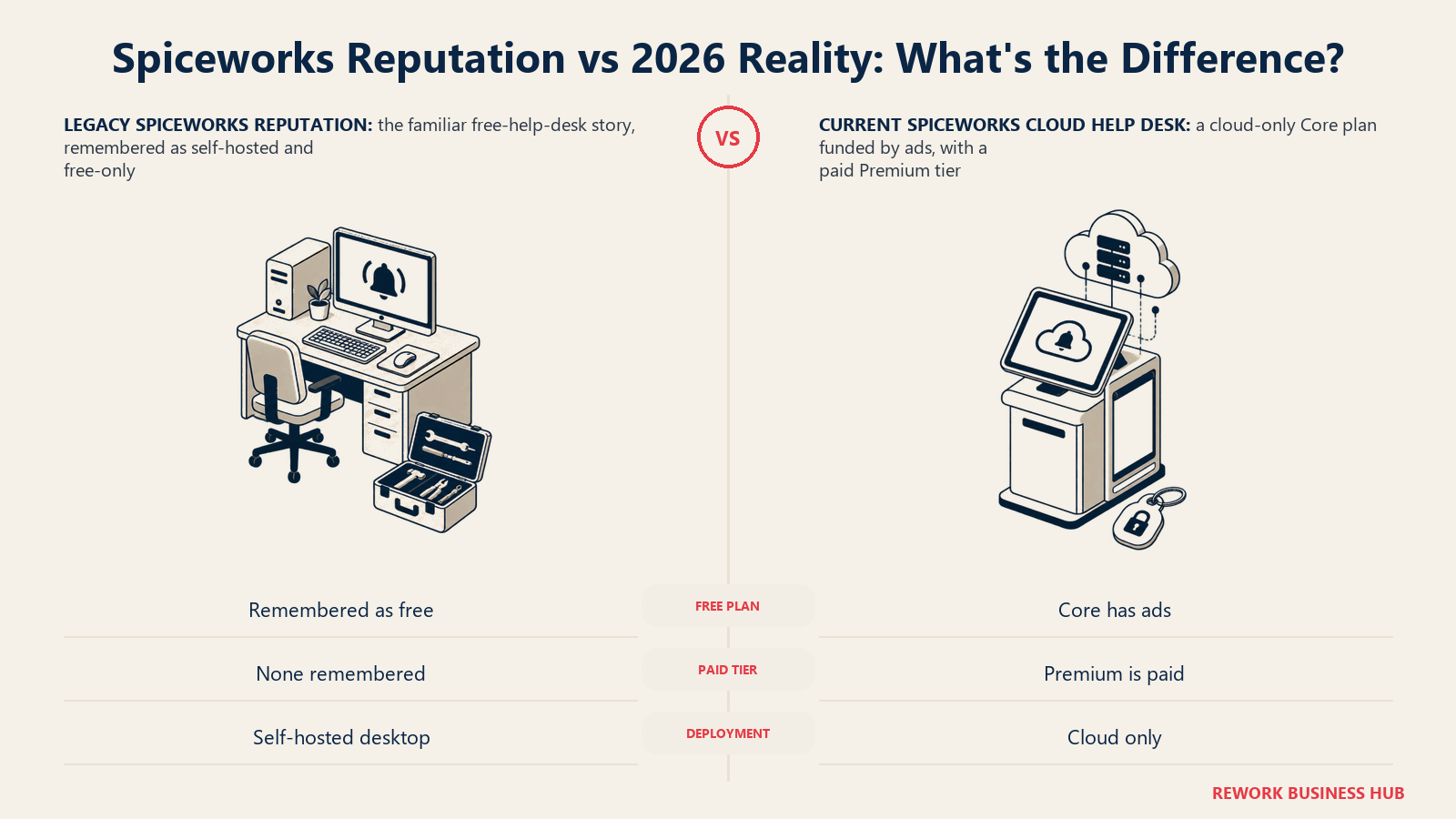 Spiceworks reputation versus 2026 reality shown as a legacy desktop help desk and current ad-supported cloud kiosk