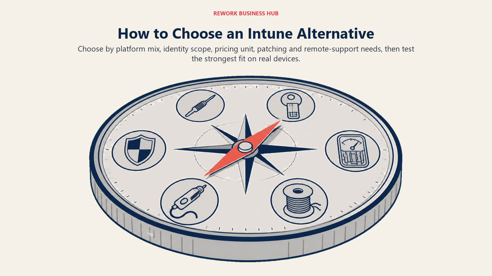 Intune alternative decision framework shown as a fleet compass selecting Apple depth, identity consolidation, mixed-OS pricing, patching, remote support, or enterprise UEM