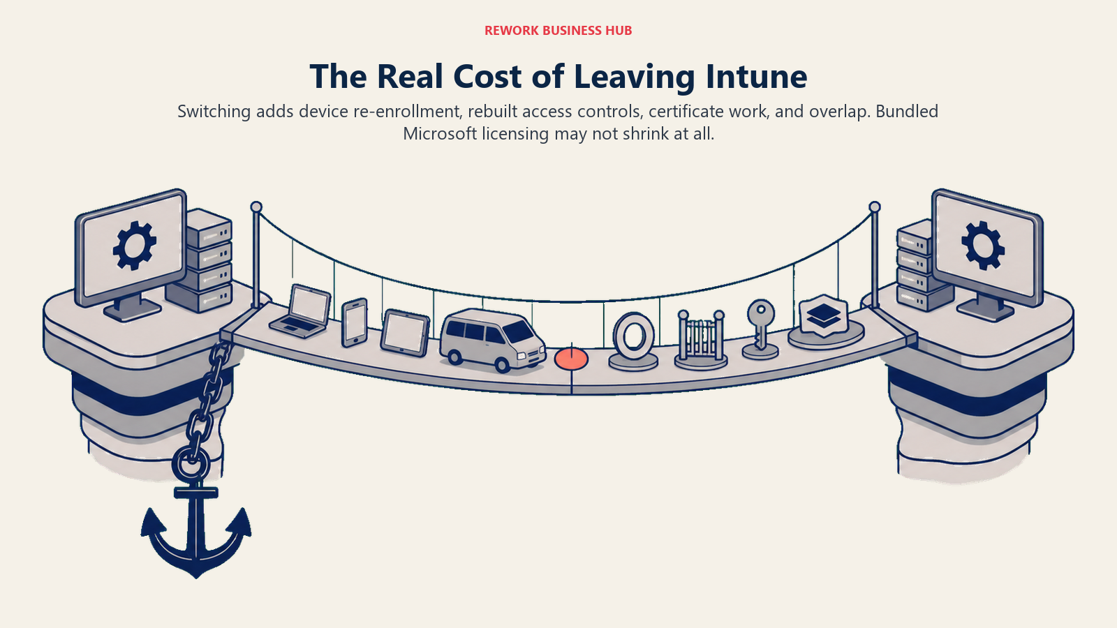 Leaving Intune shown as a controlled endpoint migration carrying enrollment, conditional access, certificates, and a parallel-run bridge while Microsoft licensing remains