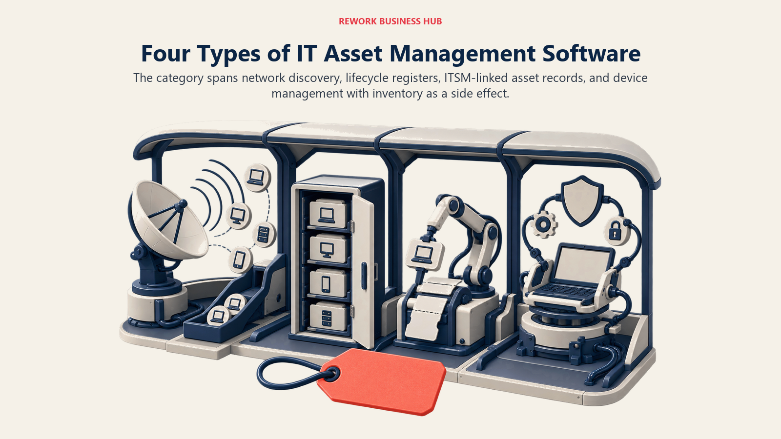Four types of IT asset management software shown as discovery, register, ITSM and device-control work bays