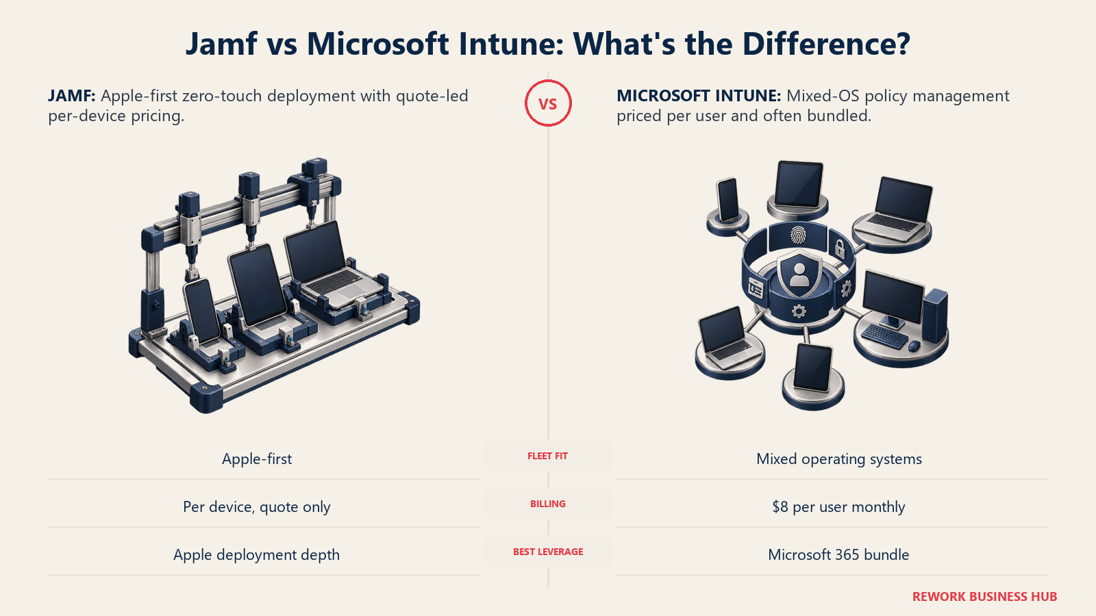 Jamf compared with Microsoft Intune through Apple-first deployment and mixed-OS per-user device policy