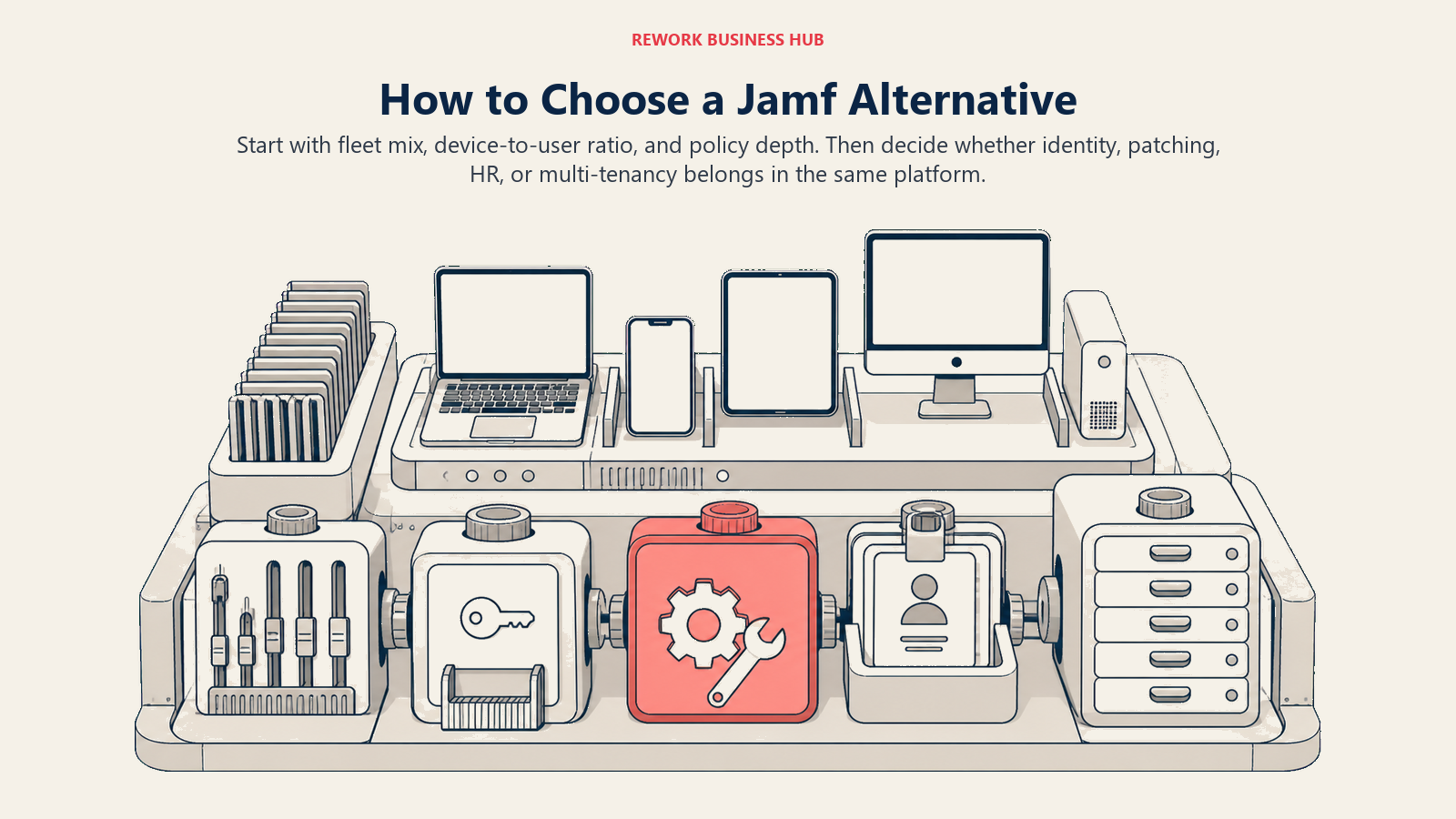 How to choose a Jamf alternative using a modular device-management workbench for policy, identity, patching, HR, and multi-tenancy