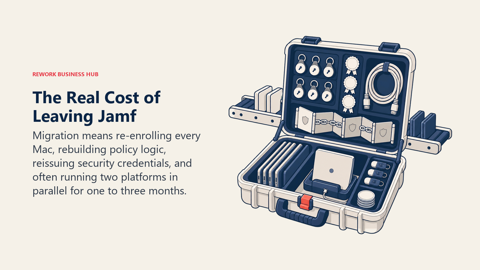 The real cost of leaving Jamf shown as an MDM migration case containing re-enrollment, FileVault key, certificate, VPN, and parallel-platform artifacts