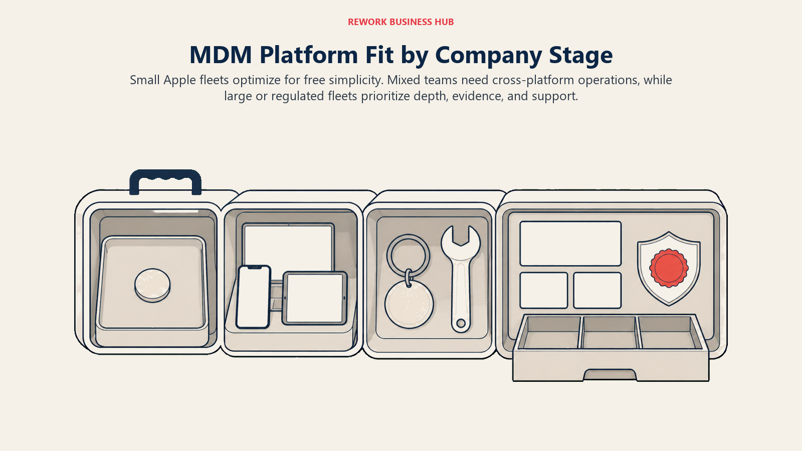 MDM platform fit by company stage shown as expanding fleet-management bays from a small Apple fleet to enterprise compliance