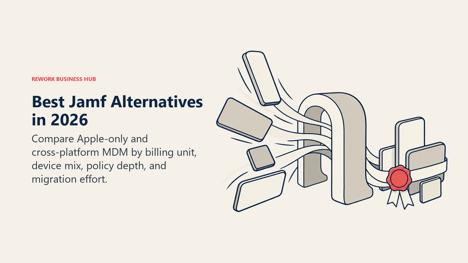 Best Jamf alternatives shown as a neutral policy loom enrolling a mixed fleet of generic devices