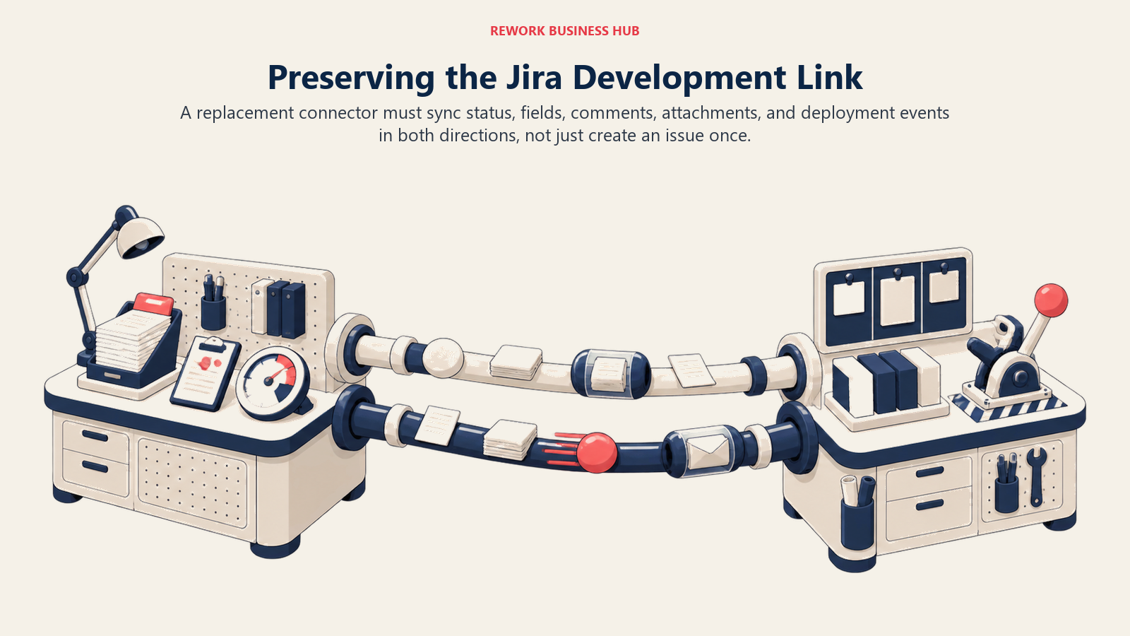 Two-way connector preserving service tickets, engineering backlog status, comments, attachments, and deployment events