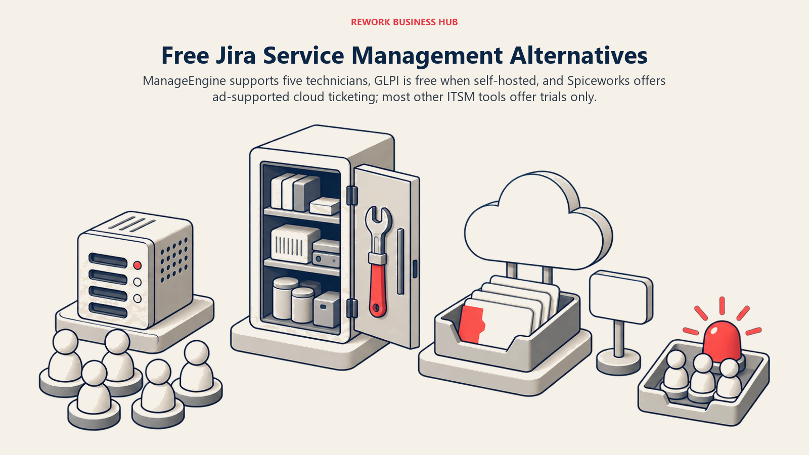 Free Jira Service Management alternatives represented by technician, self-hosted, and ad-supported service desk routes