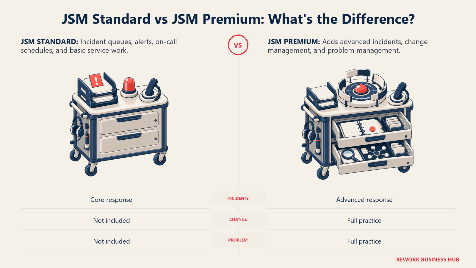 Jira Service Management Standard incident coverage compared with Premium change and problem management