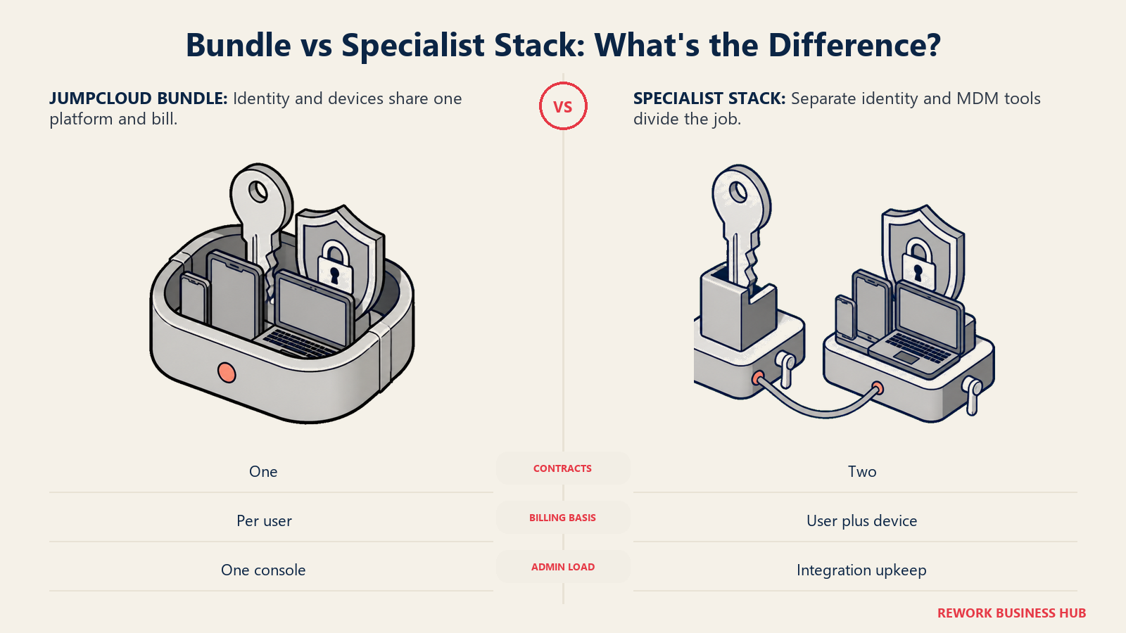 JumpCloud's bundled identity and device platform compared with a specialist identity-plus-MDM stack using matched clamp and cable-rack metaphors