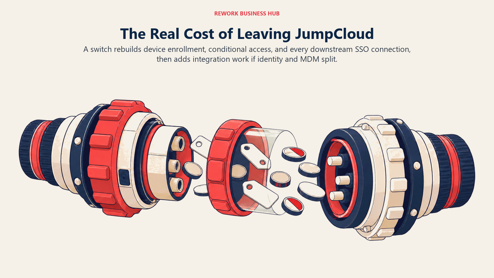 Leaving JumpCloud shown as one bundled coupling separating into identity and device connectors while SSO keys and endpoint records transfer