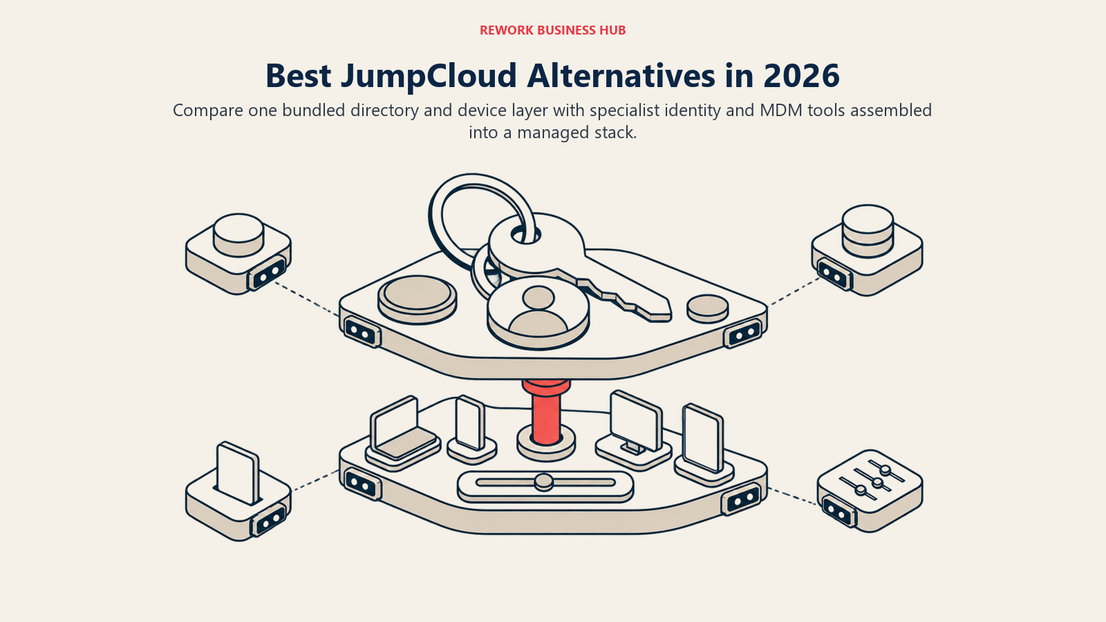 Best JumpCloud alternatives shown as identity and device-management planes coupling into one bundle or remaining modular