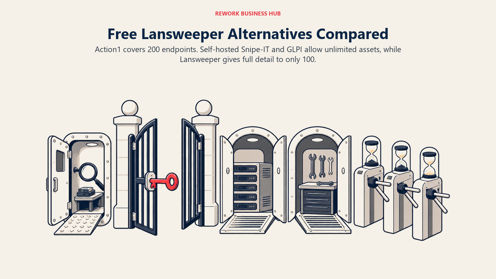 Free Lansweeper alternatives compared through access gates representing limited, unlimited self-hosted, and trial-only offers