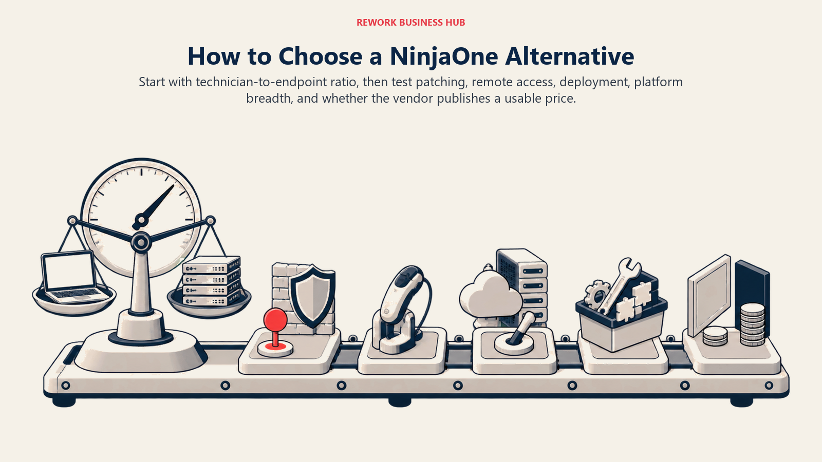 NinjaOne alternative decision framework for billing ratio, patching, remote access, deployment, breadth, and pricing transparency