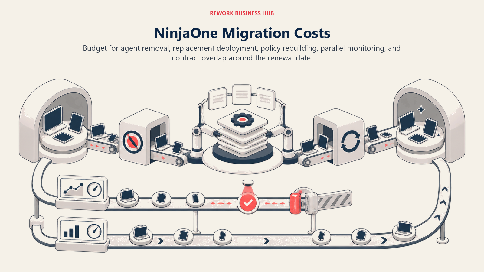 NinjaOne migration costs shown as endpoint agent replacement, policy rebuilding, parallel monitoring, and renewal overlap