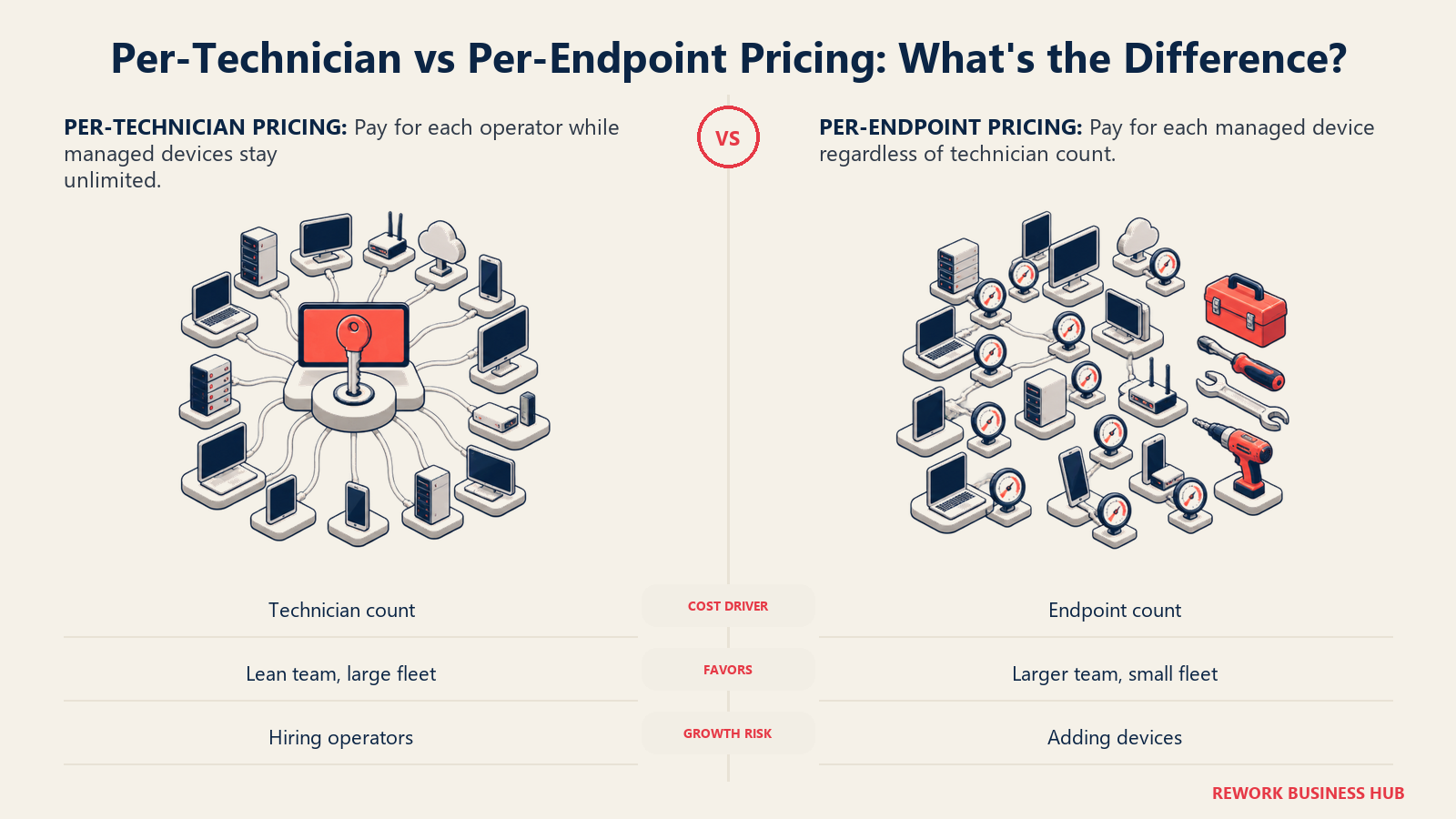Per-technician unlimited-device pricing compared with per-endpoint RMM pricing