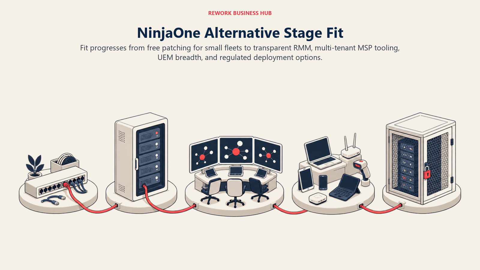 NinjaOne alternatives mapped from small free patching to MSP, UEM, and regulated endpoint management stages