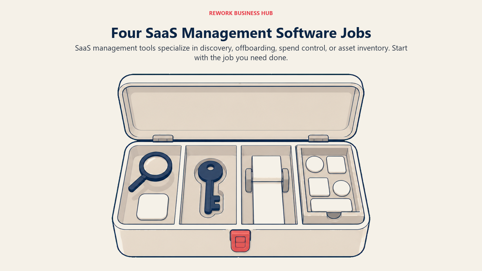Four SaaS management software jobs shown as a modular tool chest for discovery, offboarding, spend control, and inventory