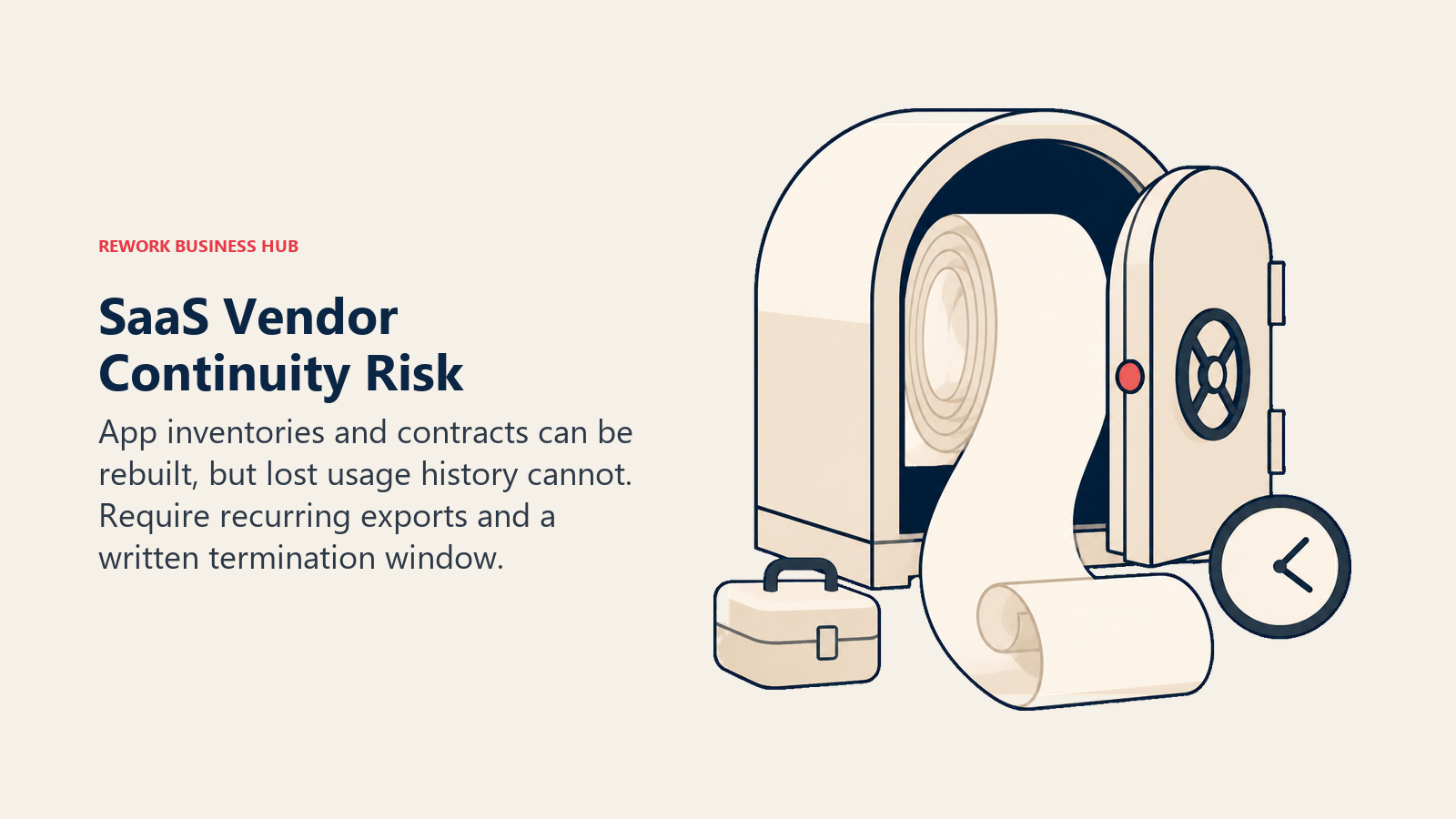 SaaS vendor continuity risk shown as a closing archive vault trapping usage history while exportable records remain outside