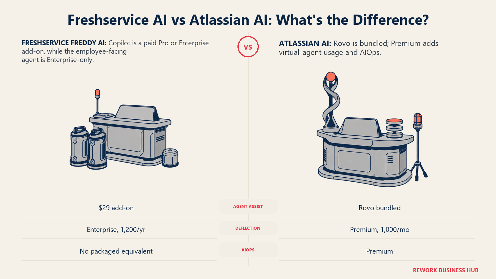Freshservice Freddy AI add-on pods compared with Atlassian's bundled AI service console