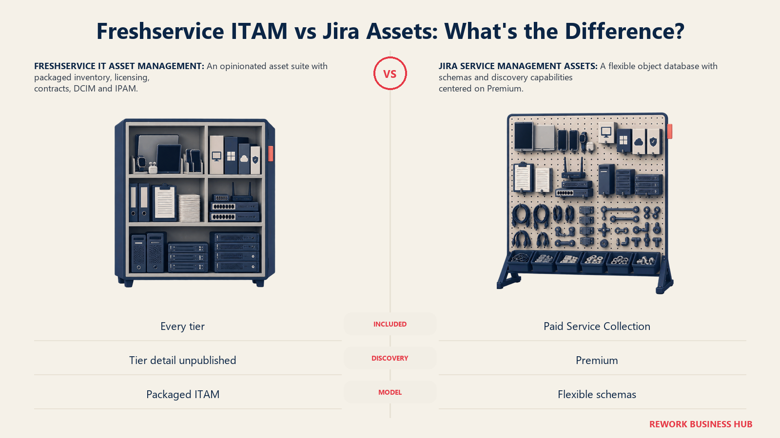 Freshservice packaged ITAM cabinet compared with Jira Assets modular object schemas