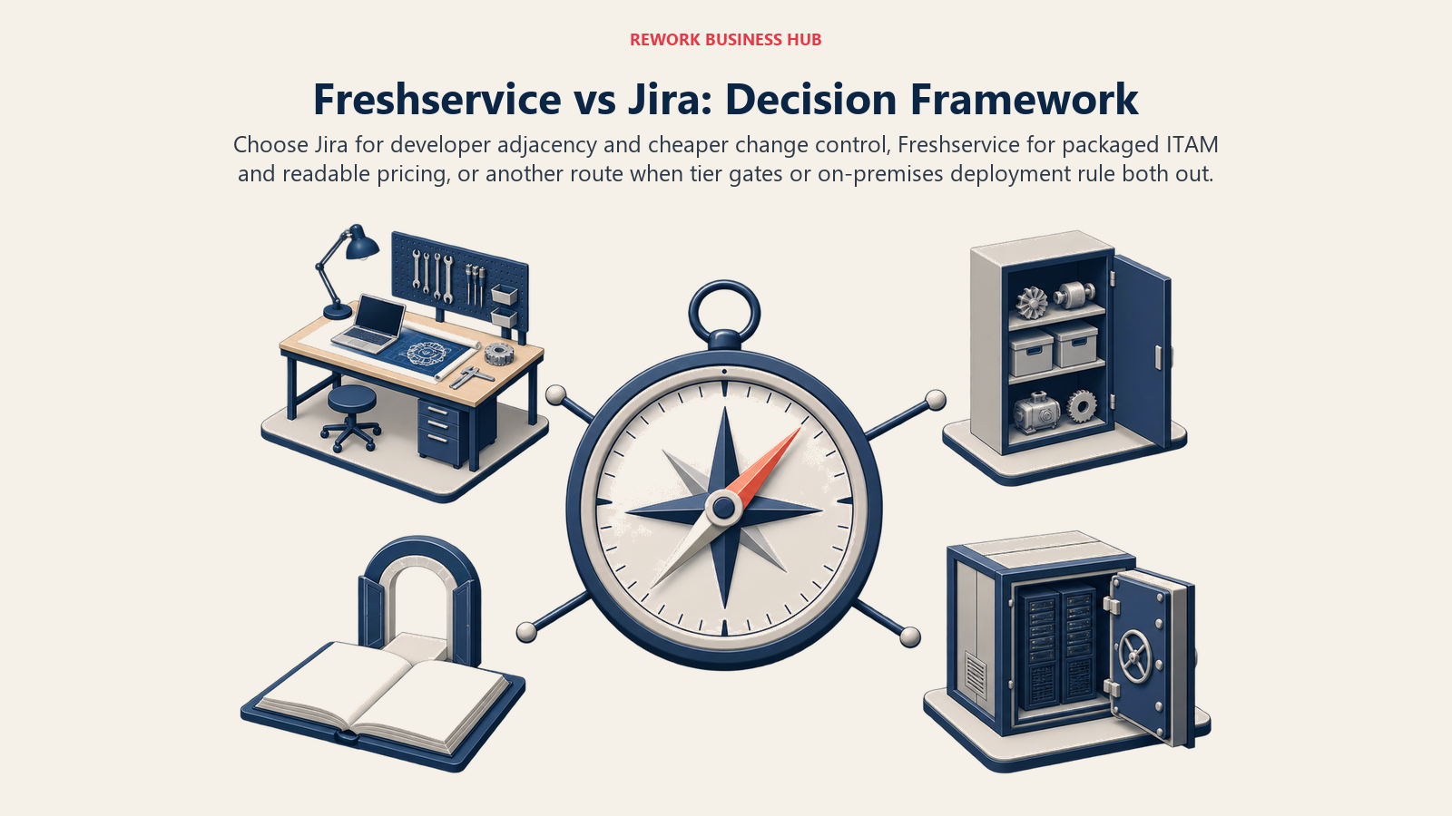 Freshservice versus Jira Service Management decision compass with engineering, ITAM, flat-price and on-premises routes