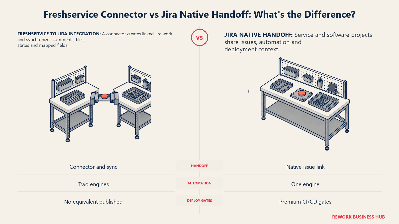 Freshservice connector handoff compared with Jira Service Management's shared developer workbench