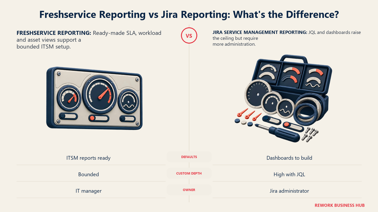 Freshservice ready-made ITSM reporting compared with Jira's modular JQL reporting workbench
