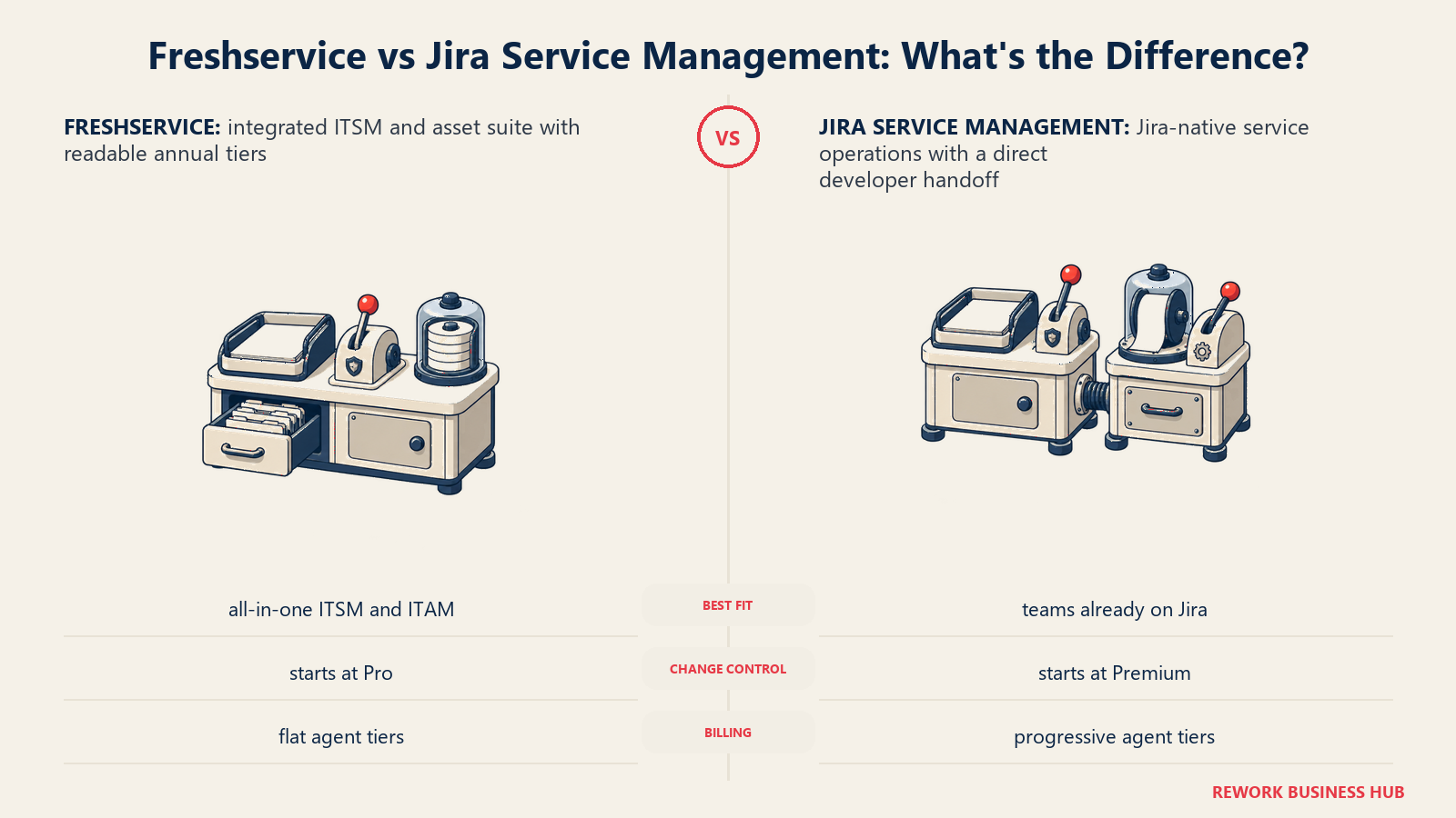 Freshservice integrated ITSM cabinet compared with Jira Service Management's connected developer handoff
