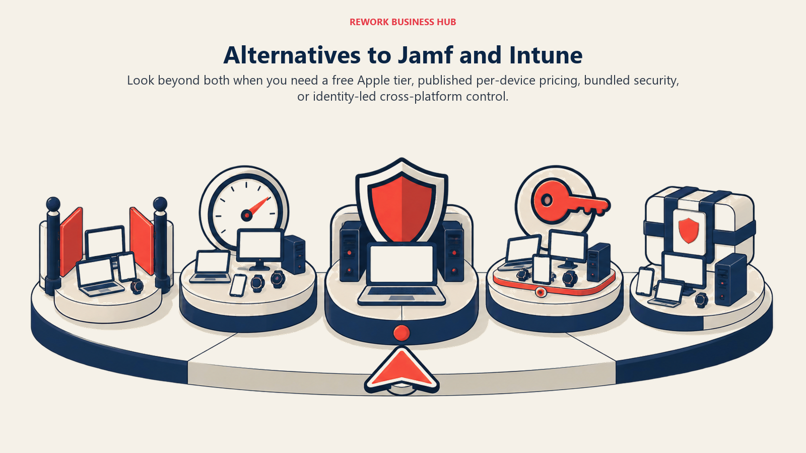 Jamf and Intune alternatives shown as specialized device-management docks for low-cost Apple, mixed fleets, security bundles, and identity-led control