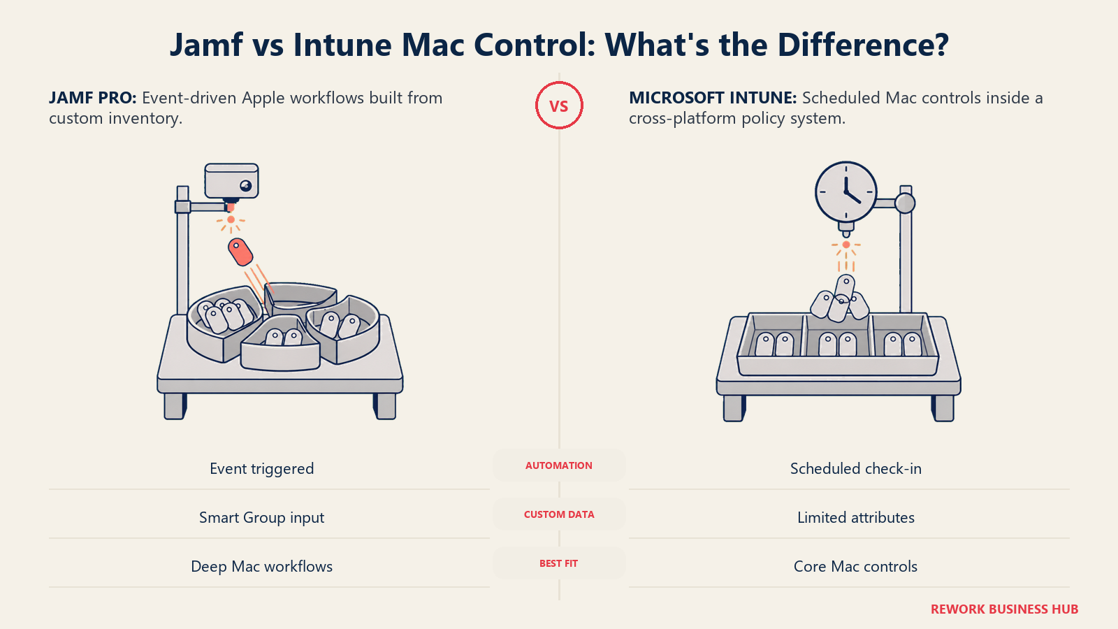 Jamf Pro trigger-based Mac automation compared with Intune's scheduled agent model through responsive and clock-driven configuration workbenches
