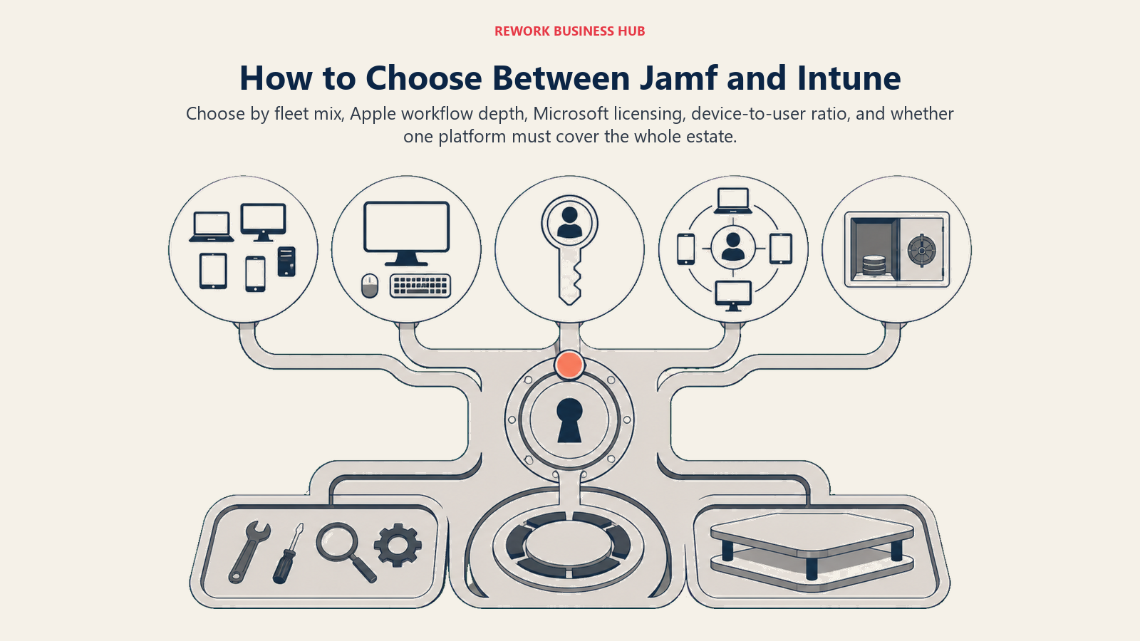 Jamf versus Intune decision framework shown as a fleet selector balancing platform mix, Apple depth, existing Microsoft licensing, device ratio, and budget transparency