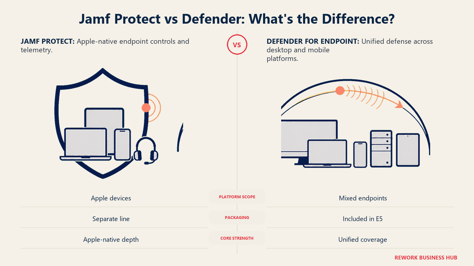 Jamf Protect and Microsoft Defender for Endpoint compared through an Apple-fitted shield and a broad cross-platform security canopy