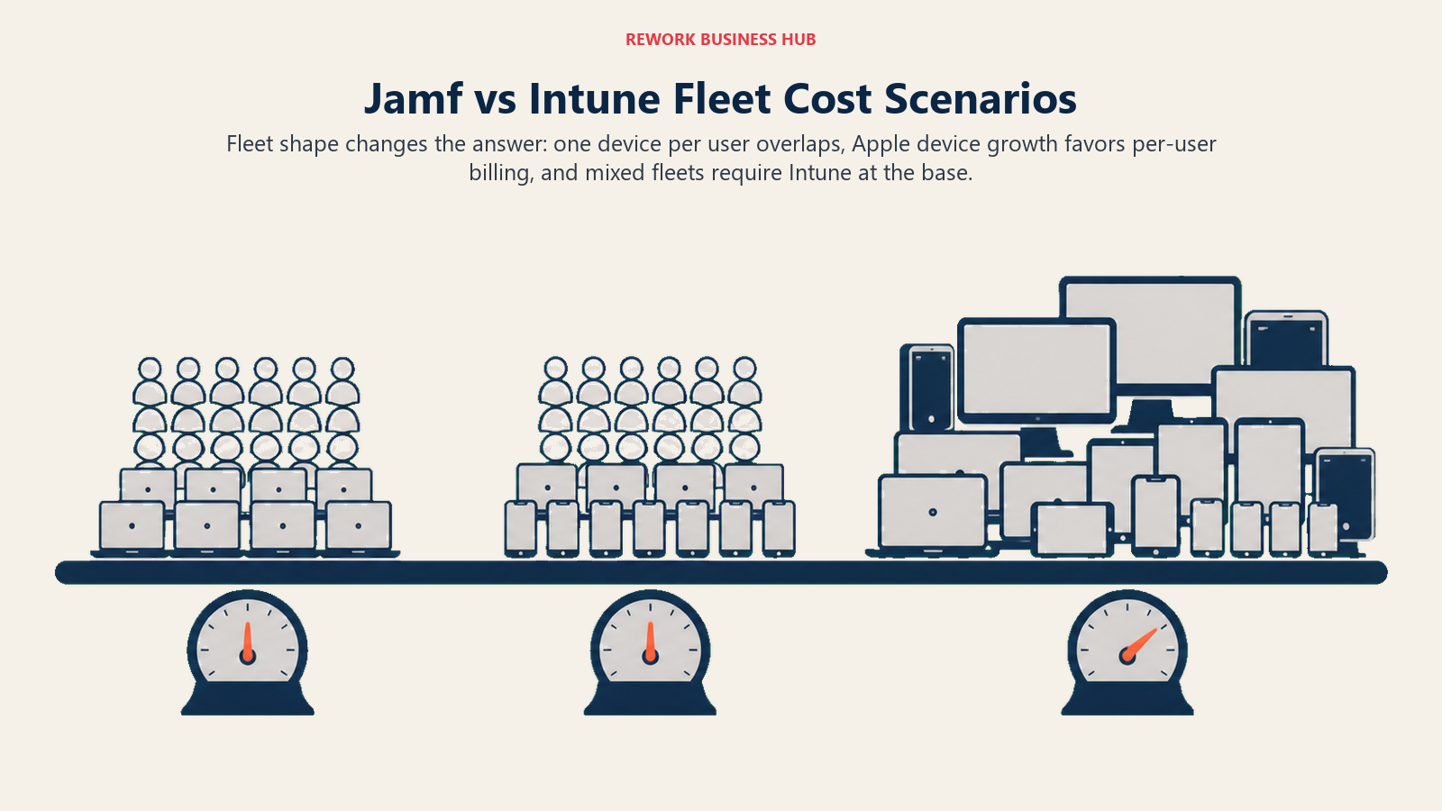Jamf and Intune fleet cost scenarios shown across a Mac-only studio, an Apple multi-device team, and a mixed Windows and Apple estate